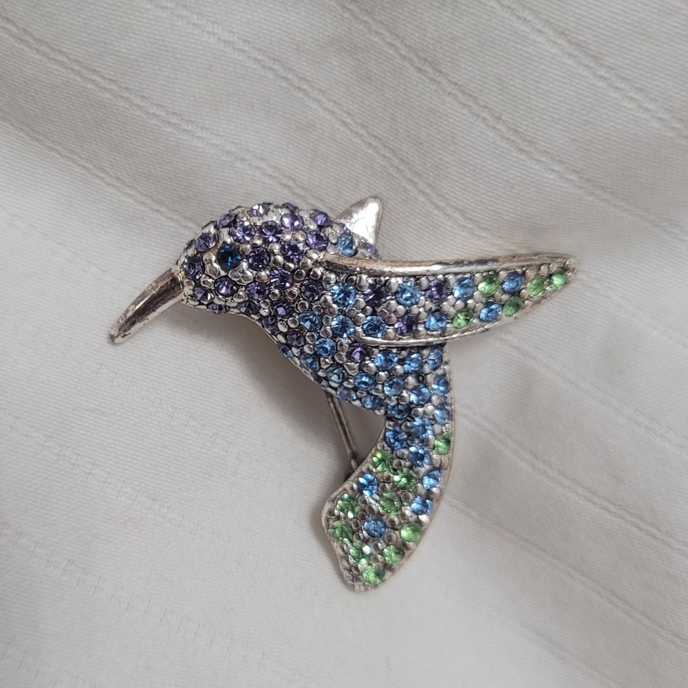 Signed Monet Rhinestone Multicolor Rainbow Hummingbird Pin Brooch